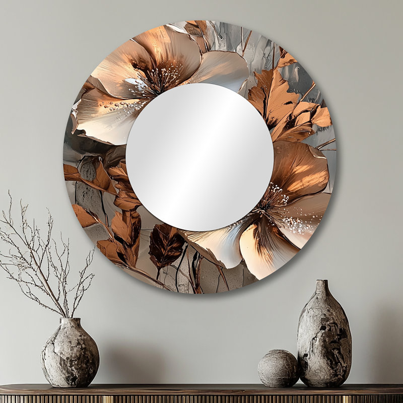 Cuivre métallique et fleurs abstraites chromées I - Miroir moderne pour décoration murale, 29 po x 29 po
