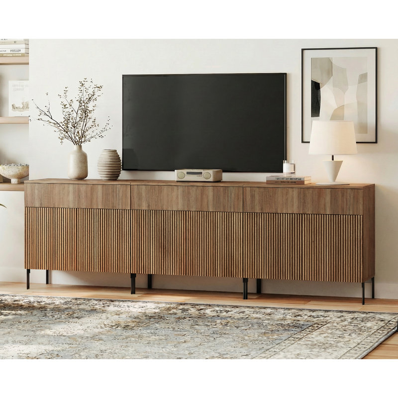 94.5" Modern Reeded TV Stand With Doors, Entertainment Center With Shelf, Wooden Media Console With Drawers For Living Room