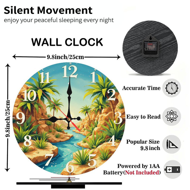 Oasis Wall Clock Palm Trees River Landscape