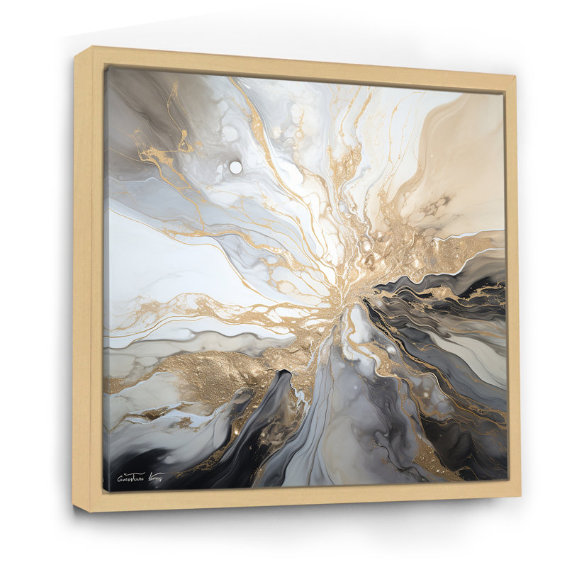 Explosion d'art liquide beige et noir, Cadre flottant en érable, H 16 po x l 16 po x P 1 po