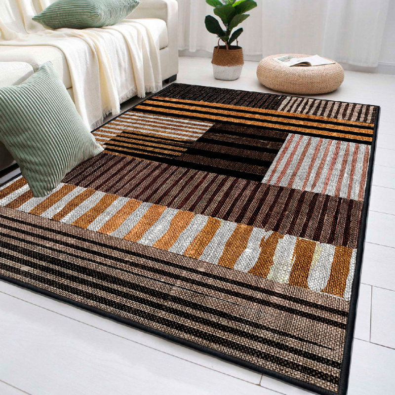 Wencil Luxurious Cotton Area Rug, 3.3 x 4.9 Feet | 100% Cotton, 1200 g/m² | Pile Height: 0.4 in, Non-Slip PVC Underside | Antibacterial, Machine Washable, Elegant White, Orange, Brown & Black Design | Perfect for Living Room & Bedroom