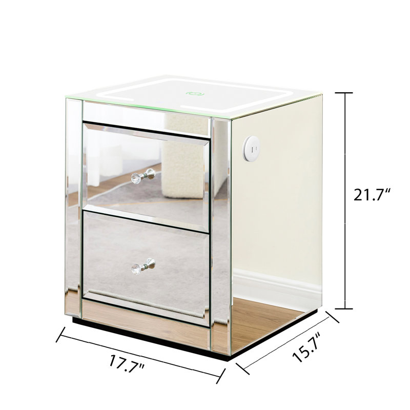 Jaunita Mirrored Glass Nightstand (Set of 2) LED Light Wireless USB Charging Station