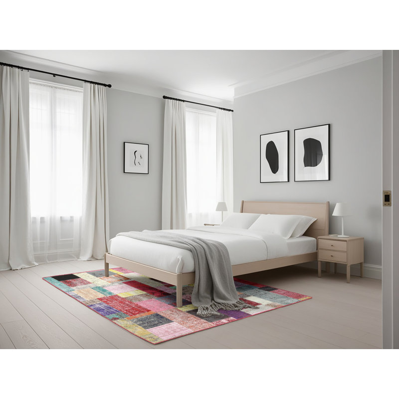 Tapis rouge/brun/bleu zone contemporaine, Rectangle 5 pi x 7 pi