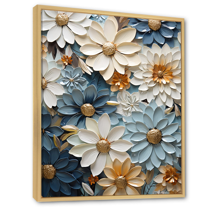 «Vibrant Blue White Zinnias Collage» sur toile, Cadre naturel flottant, H 40 po x l 30 po x P 1,5 po