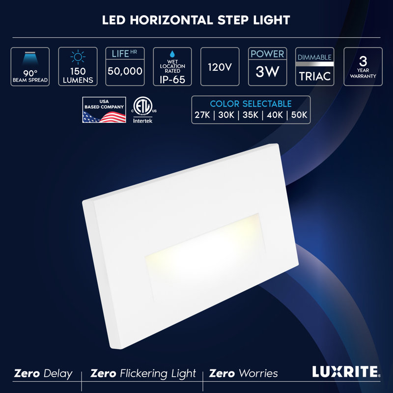 Éclairage de marches à DEL Luxrite, 5CCT, 3W, 150LM, faisceau 90 °, à intensité variable, 120V, imperméable IP65, éclairage intérieur / extérieur, homologué pour l'humidité, paquet de 2 blanc