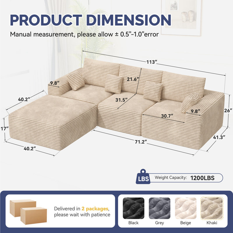 3 Seater Fabric Corner Sofa , Khaki