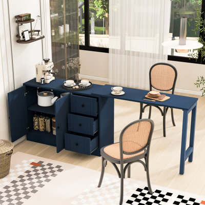 Multifunctional 89.7'' Sideboard With 2 Doors, Extendable Table And Adjustable Shelves, Space - Saving For Primary Living Wooden Textured Line Design, Shelves Pull Out Table, Ideal Kitchen Foyer