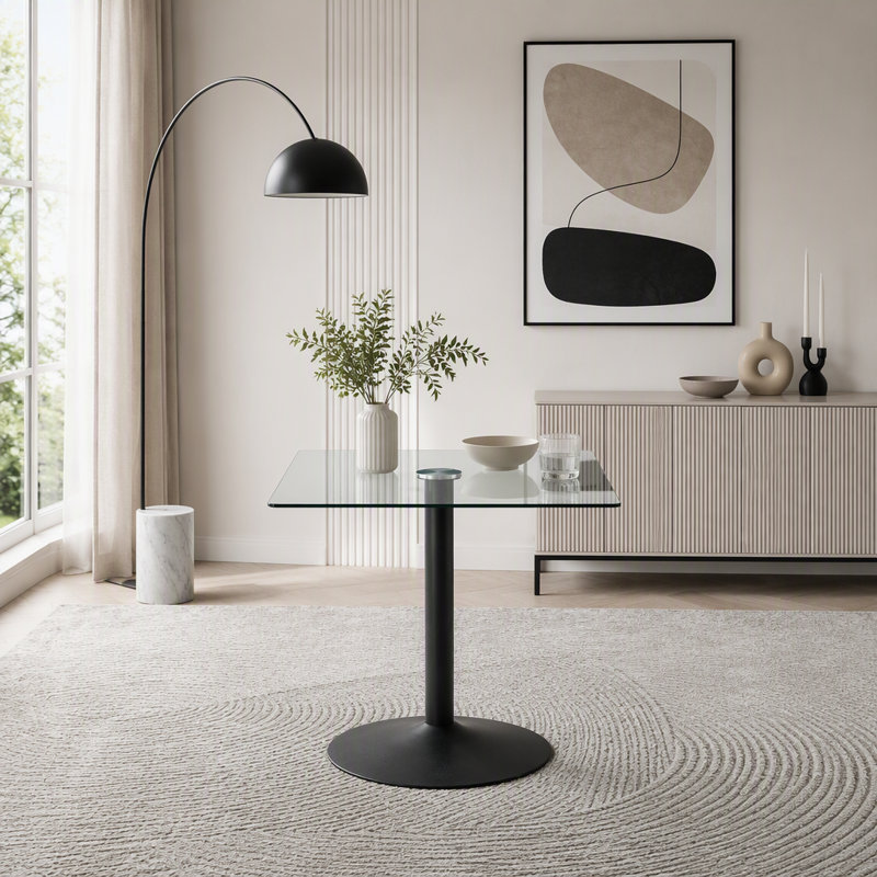 Table de salle à manger 38,5 "carrée en verre avec base à colonne unique, Noir et transparent