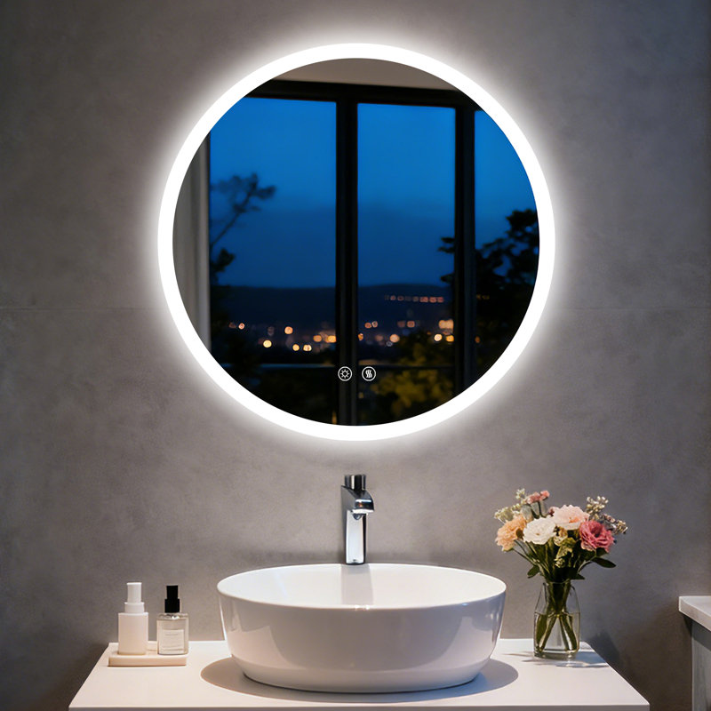Round Lighted Wall Mounted Bathroom Mirror, 60 cm H x 60 cm W