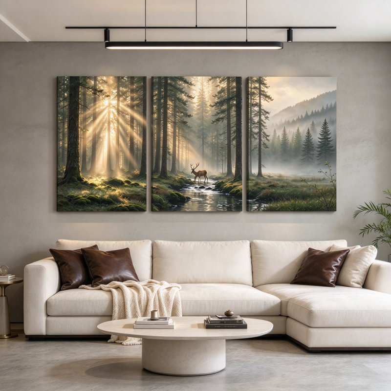 Tableau rustique sur toile représentant des cerfs des bois, en trois parties - Décoration de salon, H 16 po x l 36 po
