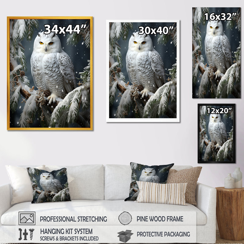 Snowy Owl Winter Watch I - Art mural animal hibou, Cadre flottant doré, H 40 po x l 30 po x P 1,5 po