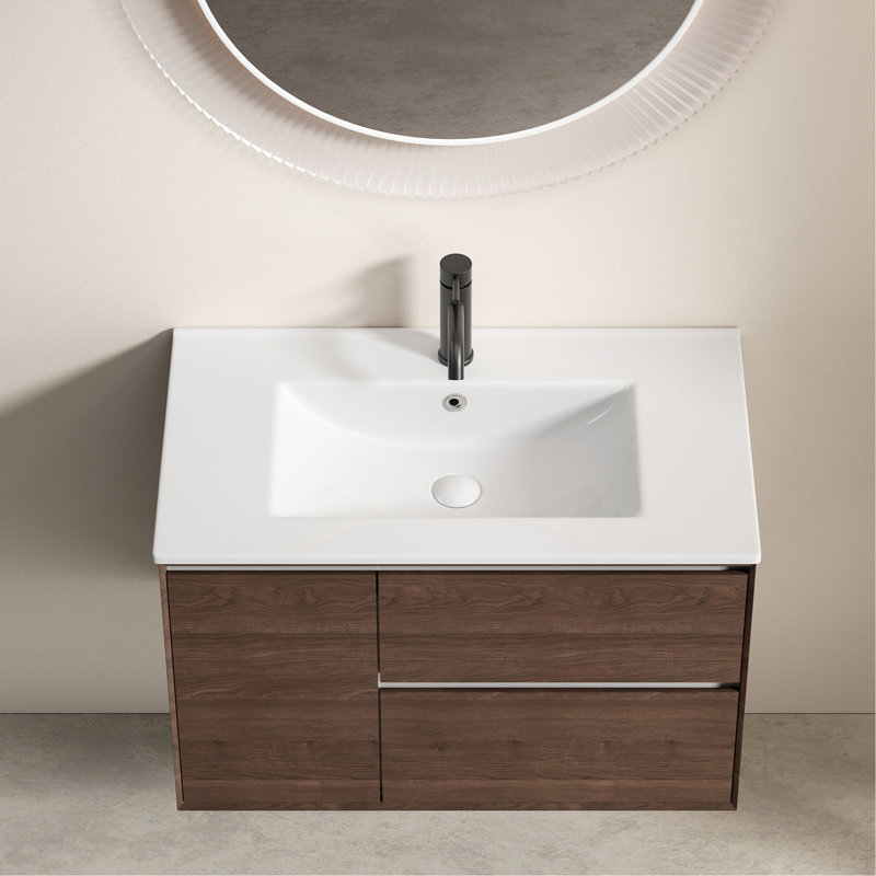 Lavabo de salle de bain 30 po, comptoir en céramique avec trop-plein, sans drain - blanc brillant