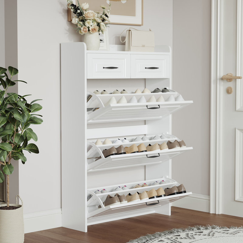 Armoire à chaussures blanche 1250 avec 3 portes et 2 tiroirs - Étagères de rangement extensibles réglables pour différents types de chaussures - assemblage de 125 cm et fabrication facile