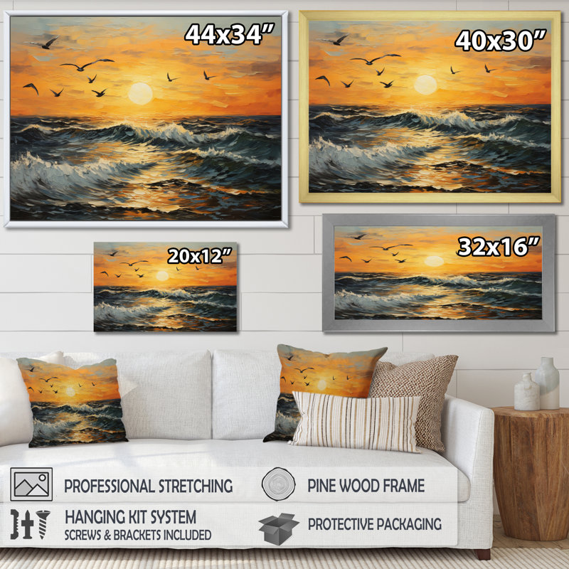 Mouettes au coucher du soleil sur la plage, Cadre doré à une seule photo, H 34 po x l 44 po x P 1,5 po