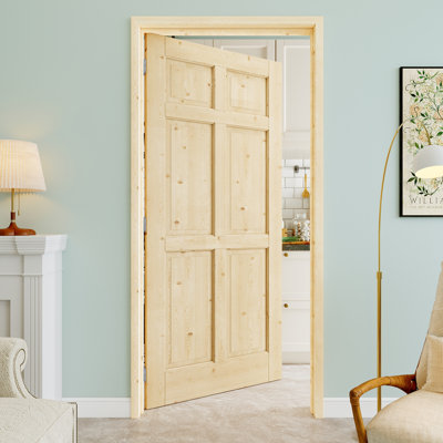 Porte pré-suspendue intérieure en bois de pin à 6 panneaux 32 po x 80 po avec charnières argentées, bois de pin naturel, pouvant être peint et imperméable, combinaison pour la lessive, portes de placard, portes de chambre, main gauche