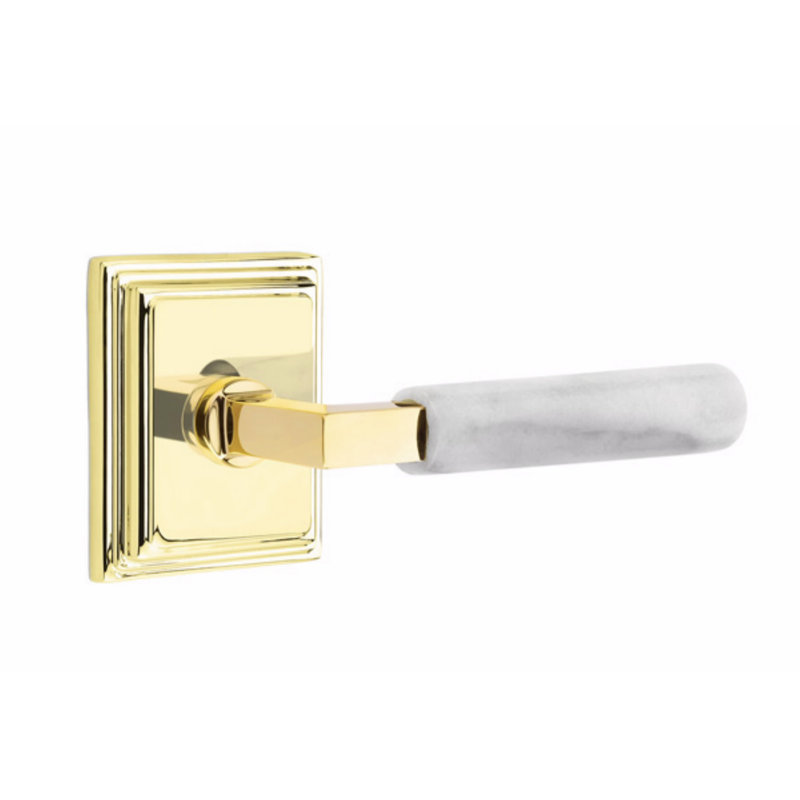 Ensemble de faux levier Emtek Select, rosette Wilshire, tige carrée en L, poignée en marbre blanc, Laiton non laqué