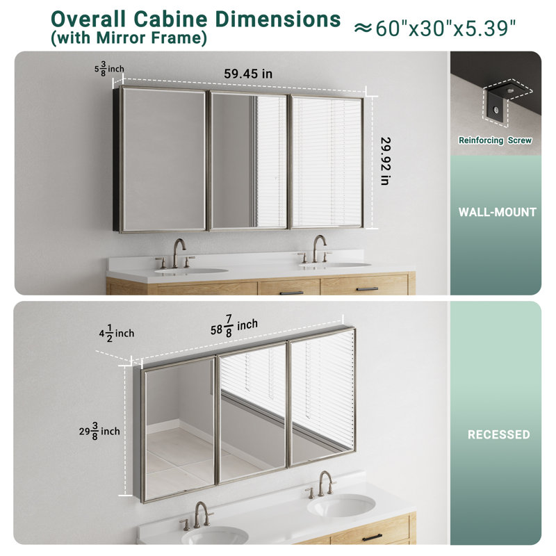 Belwood Recessed or Surface Framed Medicine Cabinet with Beveled Mirror Door & Adjustable Glass Shelves, Brushed Nickel