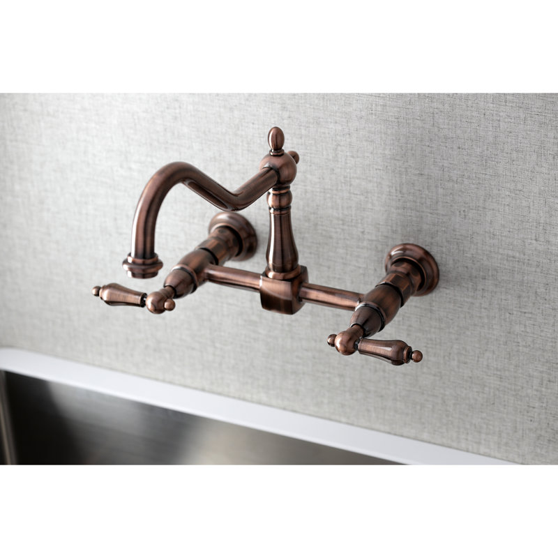 Kingston Brass Heritage Double-Handle 2-Hole Wall-Mount Bridge Kitchen Faucet, Antique Copper