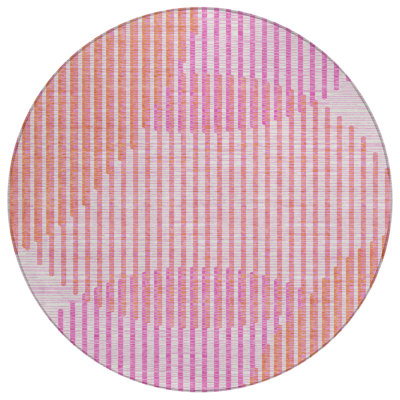 8' Pink Round Geometric Washable Indoor Outdoor Area Rug
