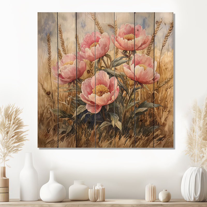 Pivoines dans le champ de blé I - Décoration murale en bois de pivoines - sur bois de pin naturel