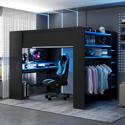 Lit superposé double en bois pleine grandeur avec bureau à hauteur réglable, garde-robe, grand espace de rangement et lumière RVB