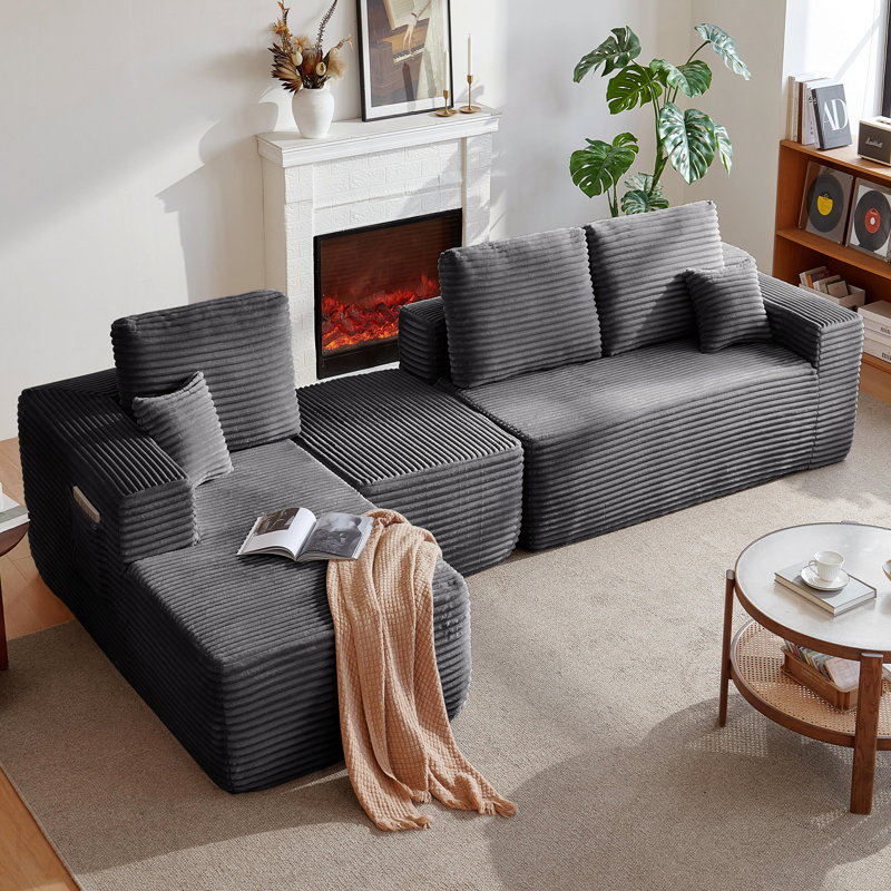 Canapé modulaire Cloud avec méridienne en U et poches latérales, conception modulaire moderne, assise profonde, canapé rembourré pour le salon / la chambre à coucher, aucun assemblage requis, gris, gauche