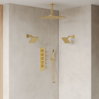 Système de douche thermostatique, robinet de pluie à fixation au plafond 16 po, double pomme de douche murale 6 po avec douchette