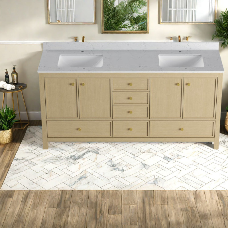 Meuble-lavabo moderne en bois de chêne avec lavabos doubles, rangement spacieux pour les salles de bain familiales