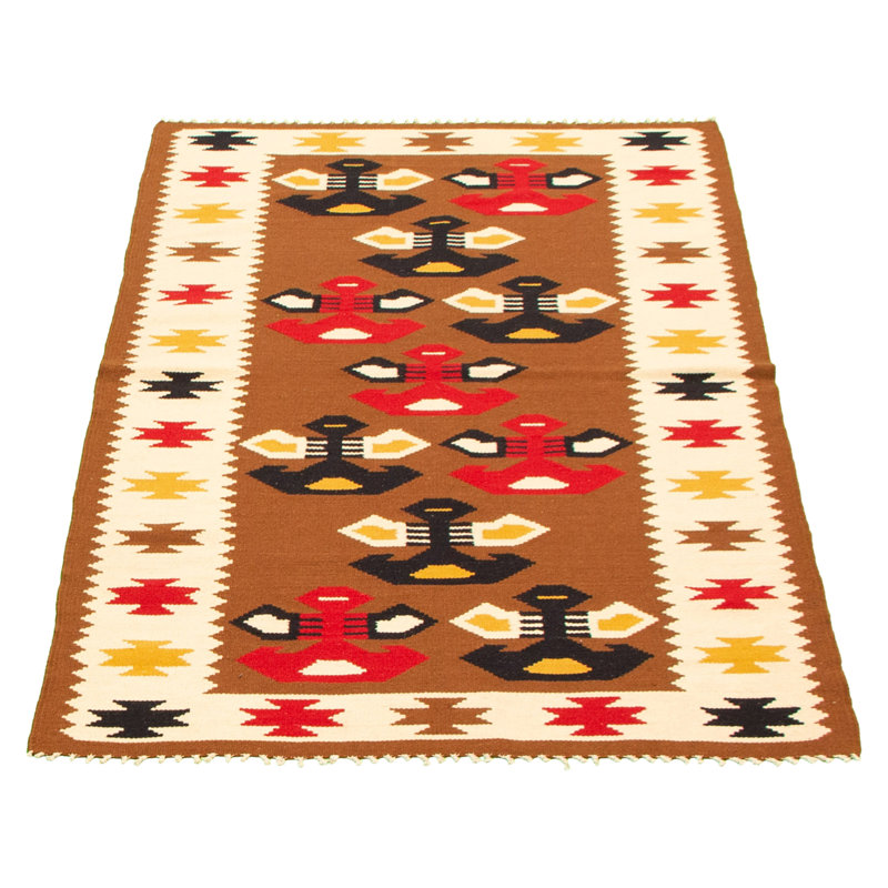 Tapis décoratif en laine de conception unique 3 pi 8 po x 6 pi Chafã noué à la main 1980s brun/rouge/beige