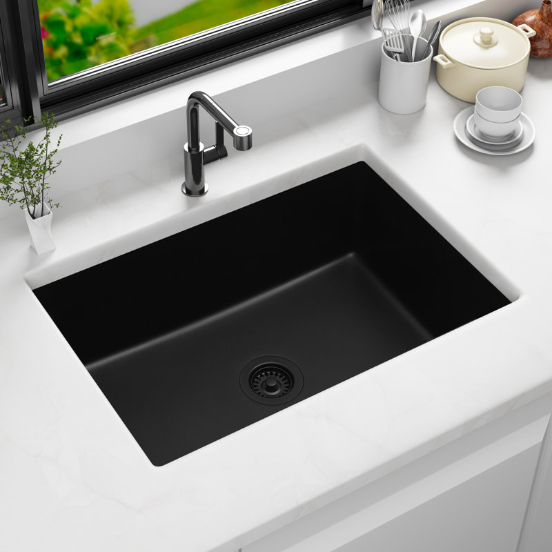 28" W x 18" L Black Quartz Single Bowl Undermount Kitchen Sink with Accessories, Black