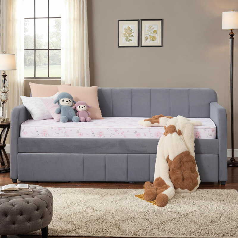 Velvet Upholstered Daybed with Trundle, Twin Size, Gray