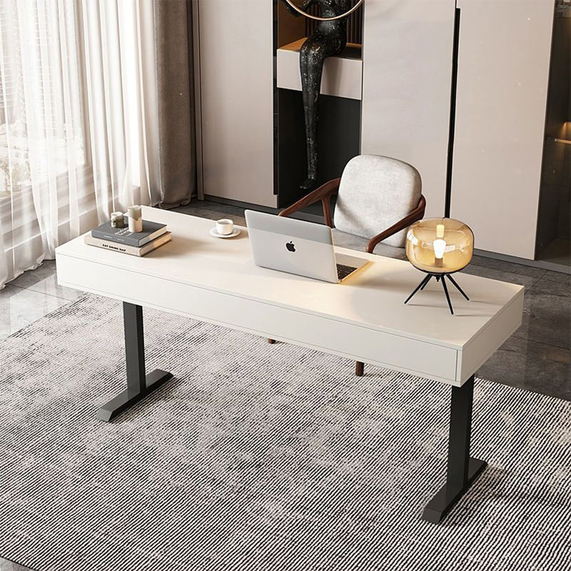 Bureau rectangulaire en bois manufacturé + acier au carbone avec 3 tiroirs, H 29,53 po x l 78,74 po x P 23,62 po, Blanc