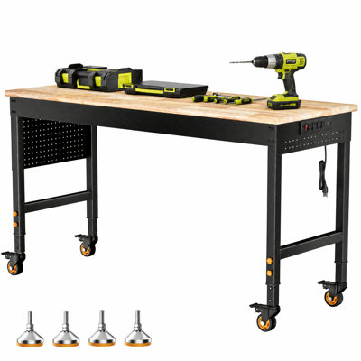 60" Heavy Duty Garage Work Bench with Wheels, Power Outlet & Pegboard Rolling Workbench with Adjustable Height, 4 Leveling Feet, 60IN