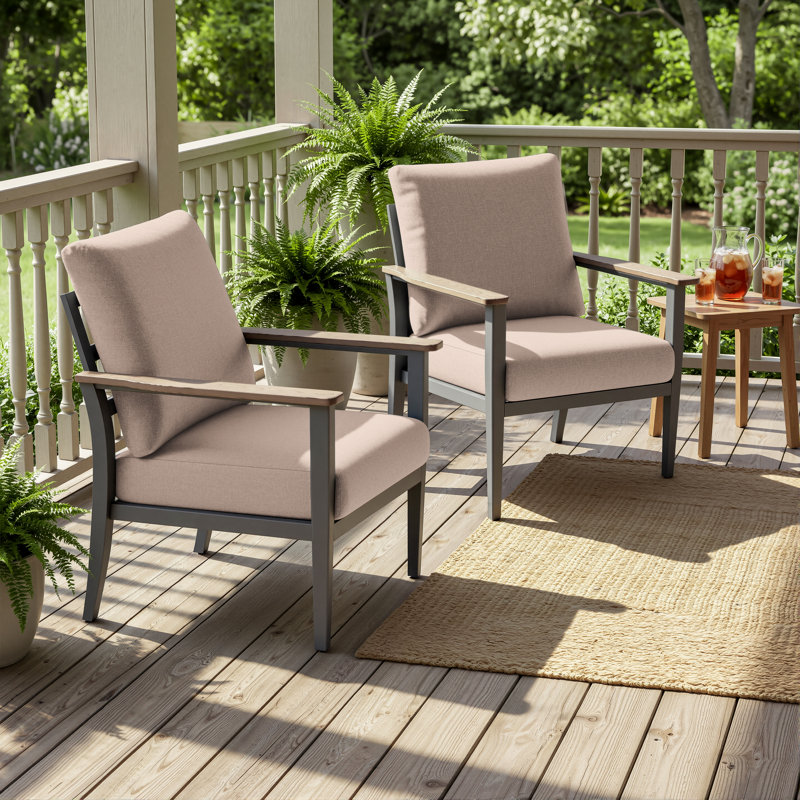 27" Wide All Weather Aluminum Ladder Back Patio Armchair with Wooden Arm, Taupe
