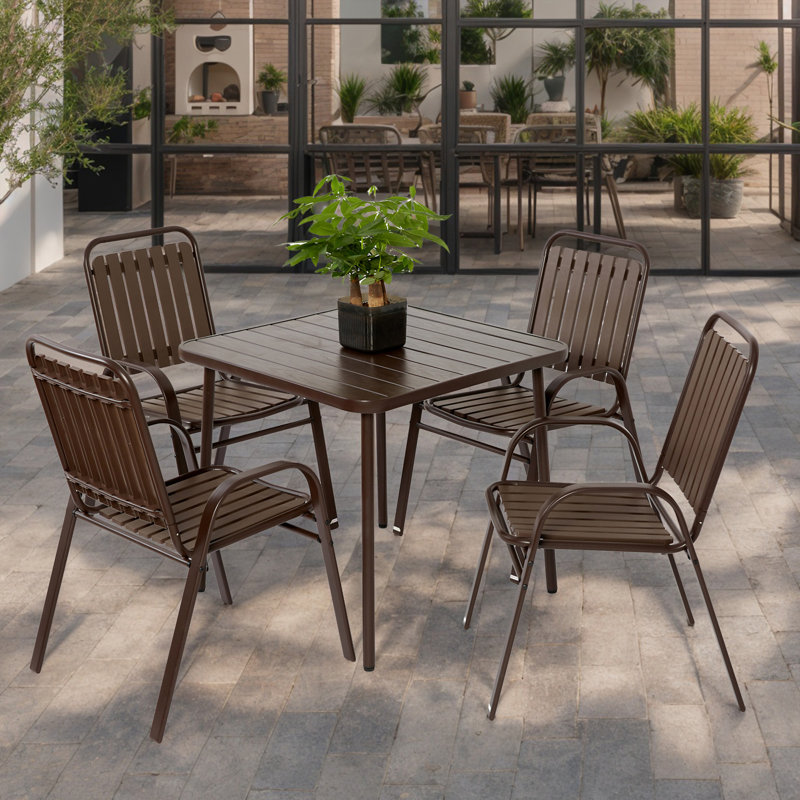 5-Piece Plastic Chair And Steel Table Outdoor Dining Set, Brown