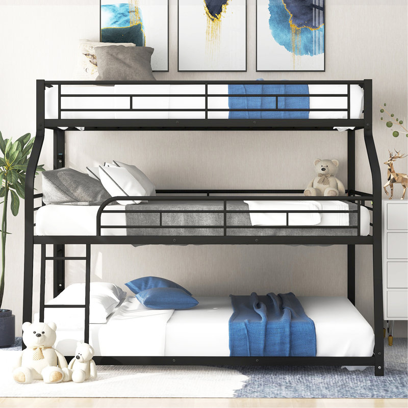 Twin XL/Full XL/Queen Triple Bunk Bed with Long and Short Ladder and Full-Length Guardrails,Black, Black
