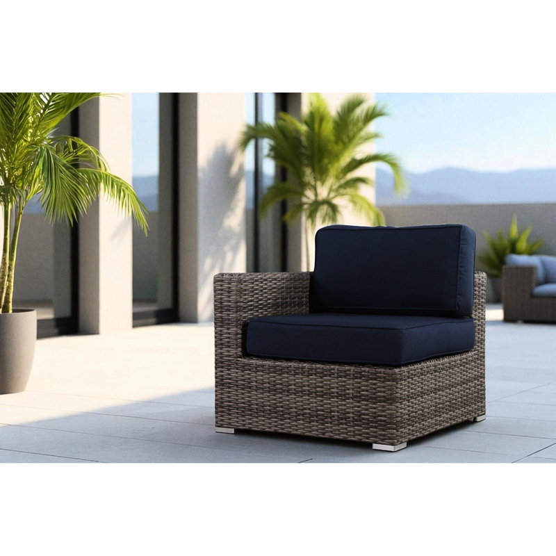 R L Sectional One - Arm Modular Patio Chair With 5 Inch Thick Seat And 7 Navy Blue Cushions, Weather Aluminum Frame, No Assembly Required, Ideal For Outdoor Lounge Chair, Back Open Cell Foam Machine