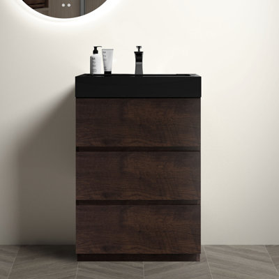 Meuble-lavabo moderne 24 po - Noyer, rangement de tiroir silencieux