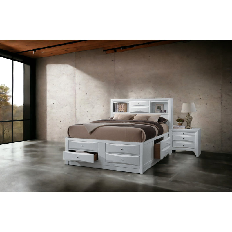 Lit double avec rangement blanc et tête de lit bibliothèque pour rangement spacieux, 8 tiroirs avec meubles, tiroirs à glissières en métal, style tiroir, cadre en bois
