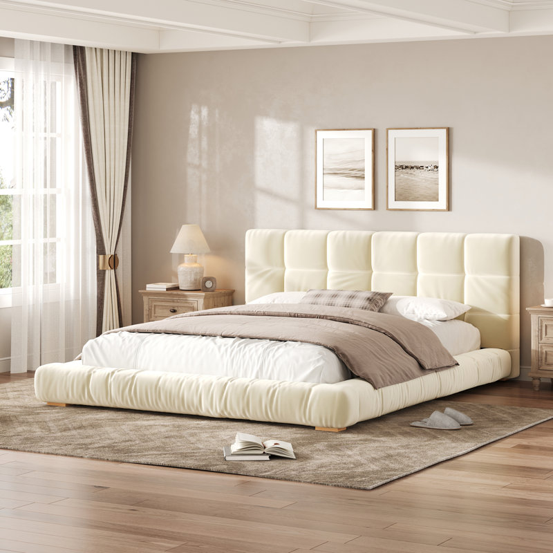 Lit plateforme tapissier à profil bas, Beige, Grand lit