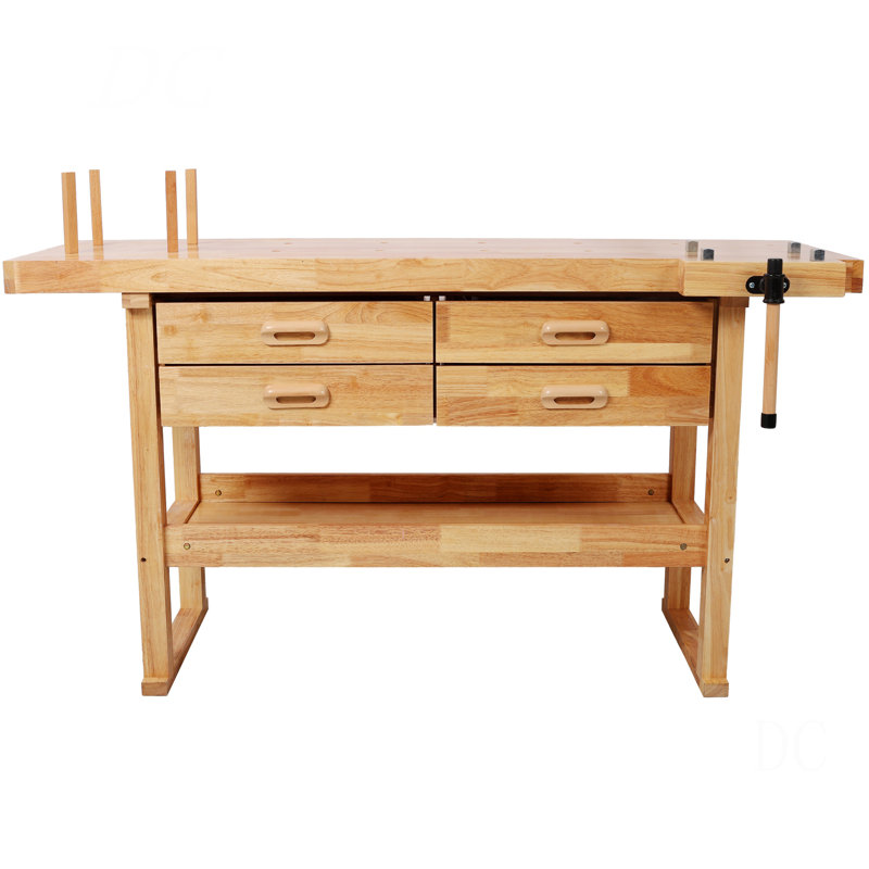 60-Inch Rubber Hardwood Workbench With 4 Drawers, 330LBS Heavy Duty Portable Work Bench, Woodworking Table For Garage, Workshop & Home Storage
