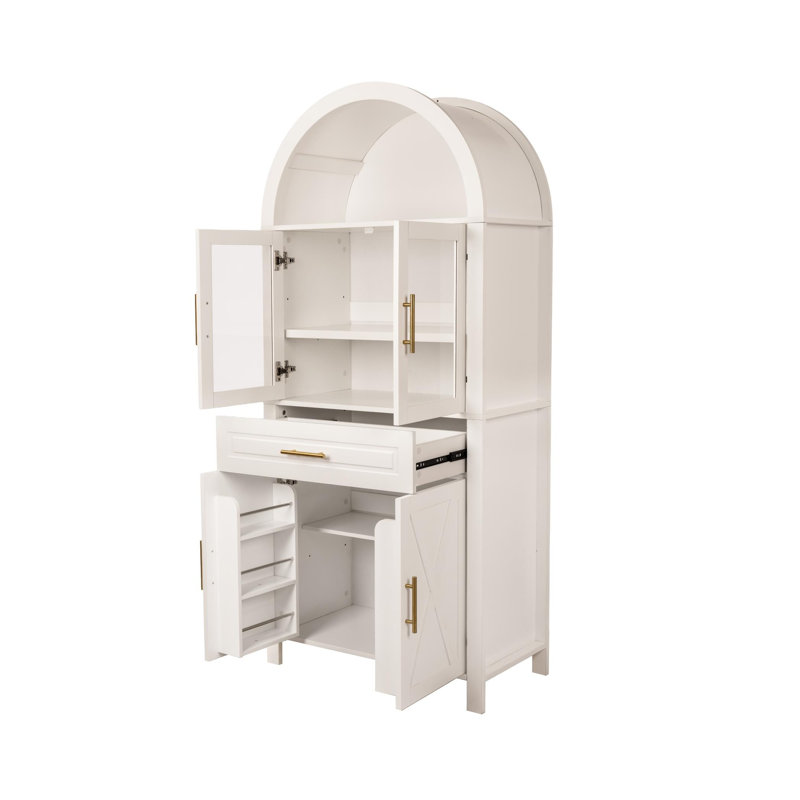 Grand garde-manger arqué de 71 po avec portes en verre, buffet de rangement de style campagnard avec tablettes réglables et porte de grange pour salle à manger