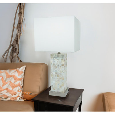 Lampe de table moderne 1pc - Base blanche au fini chromé avec motif mosaïque, lumière diffuse douce et abat-jour blanc
