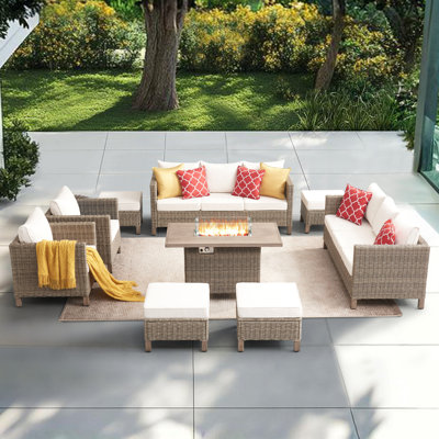 9 Piece Patio Outdoor Conversation Set With Fire Pit Table