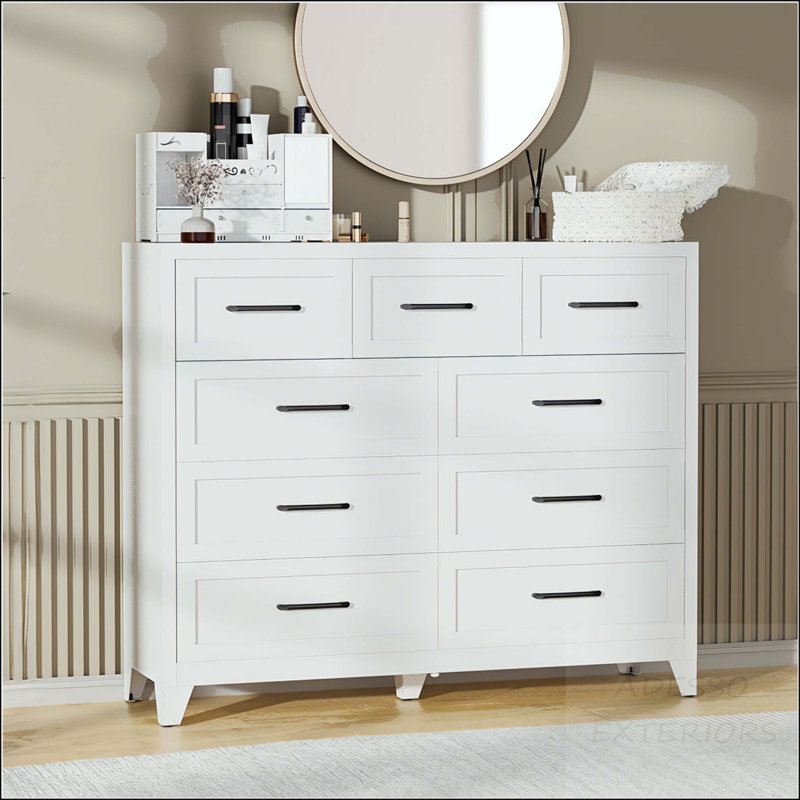 9-Drawer Tall Dresser - Space-Saving Metal Storage Cabinet, White