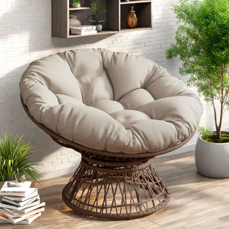 Chaise ergonomique en osier de 41,5 po avec pivot à 360 °, coussin épais, structure en fer, Duplicata de tissu beige 