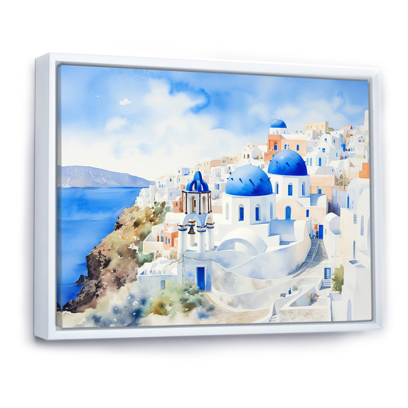 Grèce, Santorin, paysage I - Grèce, art mural, Cadre flottant blanc, H 30 po x l 40 po x P 1,5 po