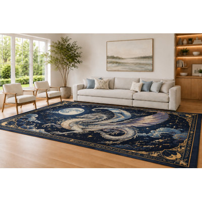"Ultra Light Weight" Large 6'7" x 9'10"  Navy and Cream Celestial Dragon Area Rug for Living Room, Soft Low Pile Carpet with Non-Slip Silicone Backing, Decor for Bedroom and Home Office