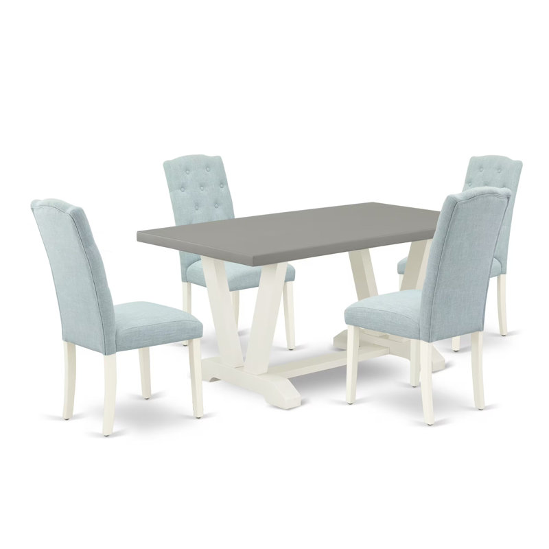 Ensemble de table de salle à manger 5 pièces - 4 chaises de salle à manger Parson avec siège en lin bleu bébé et dossier capitonné - Table de salle à manger en ciment - Lin brossé blanc.