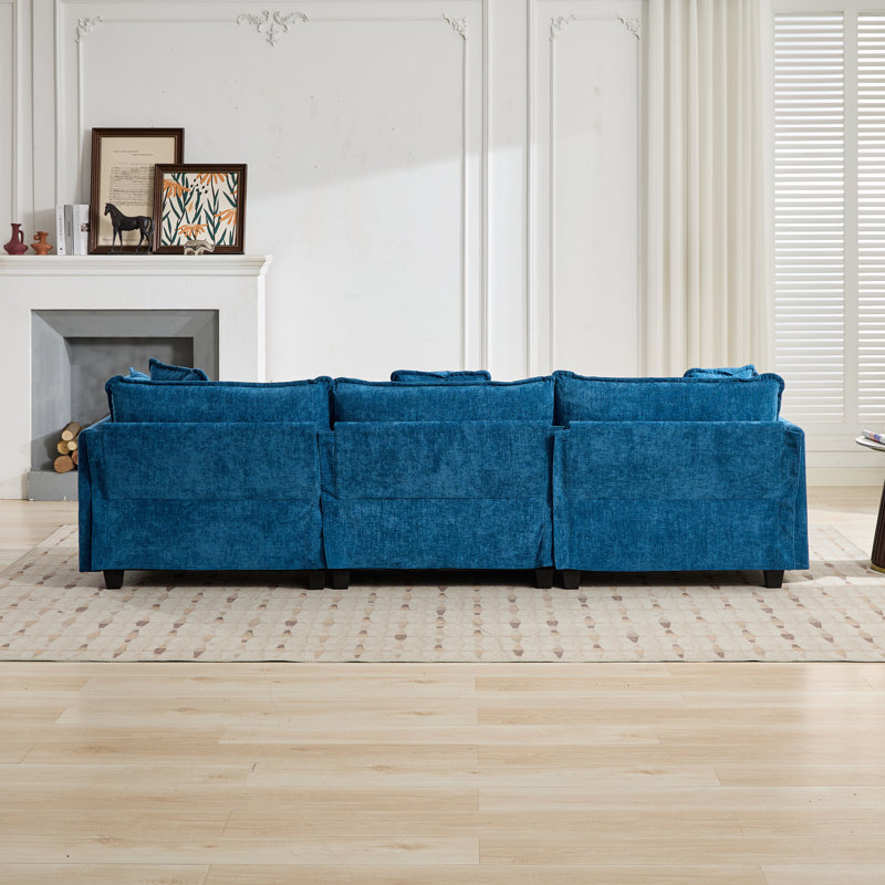 Schmucker L Shaped Modular Sectional Sofa, Oversized Cloud Couch With Ottoman, Blue Chenille, 33" H x 78" W x 35" D